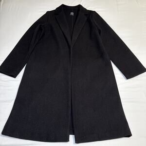 Zara Trench Coat Open Front Womens Medium Black 100% Polyester Overcoat Pockets